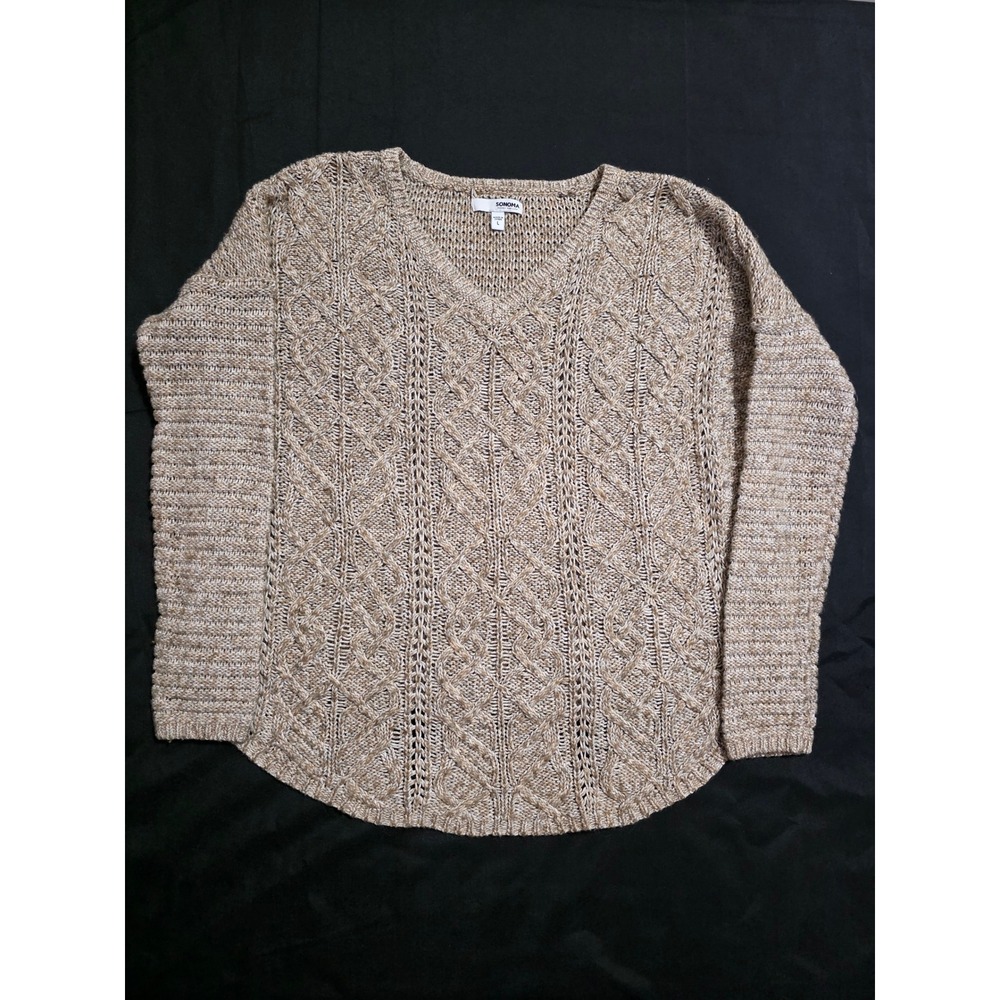 Sonoma Goods For Life Women Large Tan V-Neck Cable Knit Pullover Sweater Casual